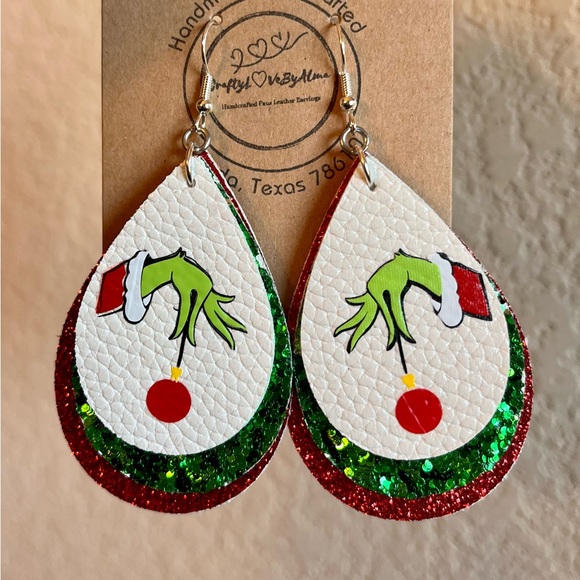 Triple Layers Grinch Hands Faux Leather Women’s Earrings - Picture 4 of 6